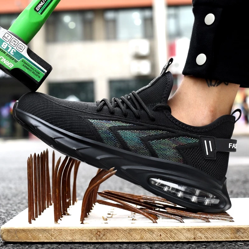 Tulldent Men Safety Shoes Steel Toe Cap Anti-smashing Anti-piercing Breathable Air cushion bottom in Black