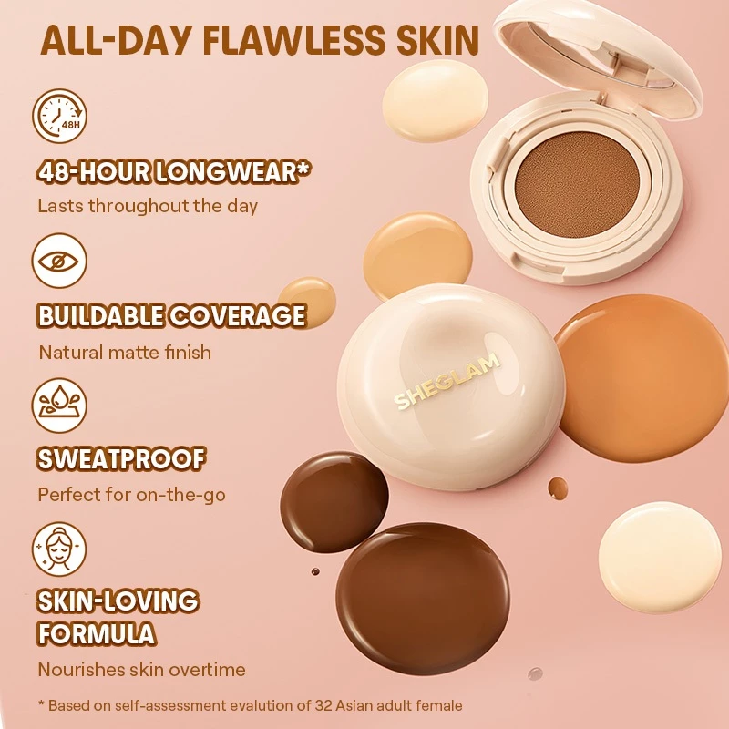 SHEGLAM Lock & Go 48 Hour Longwear Air Cushion Flawless Foundation Matte BB Cushion Makeup Cosmetics