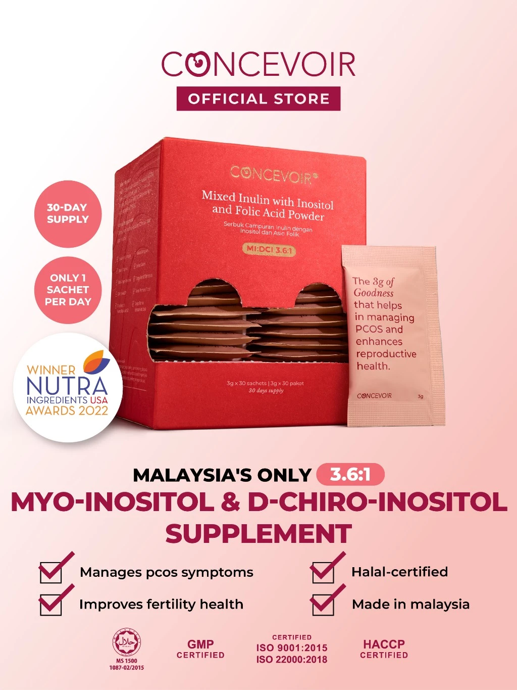 CONCEVOIR | Myo-Inositol & D-Chiro-Inositol Supplement (30 Sachets) Fertility | Hormonal Imbalance