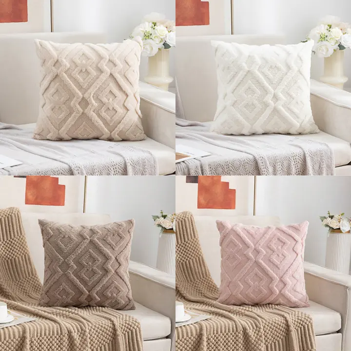 Decorative Faux Fur Throw Pillow Covers Christmas Soft Plush Yellow Pink Khaki Cream Pillowcase Fuzzy Short Fleece Square Patterned Cushion Cases Solid Pillowcase Decor For Chair Sofa Bed