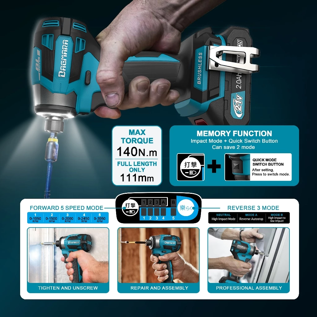 DAGMARA DID04-21V TD173 LXT Lithium-Ion Brushless Cordless Quick-Shift Mode 4-Speed Impact Driver (21V)