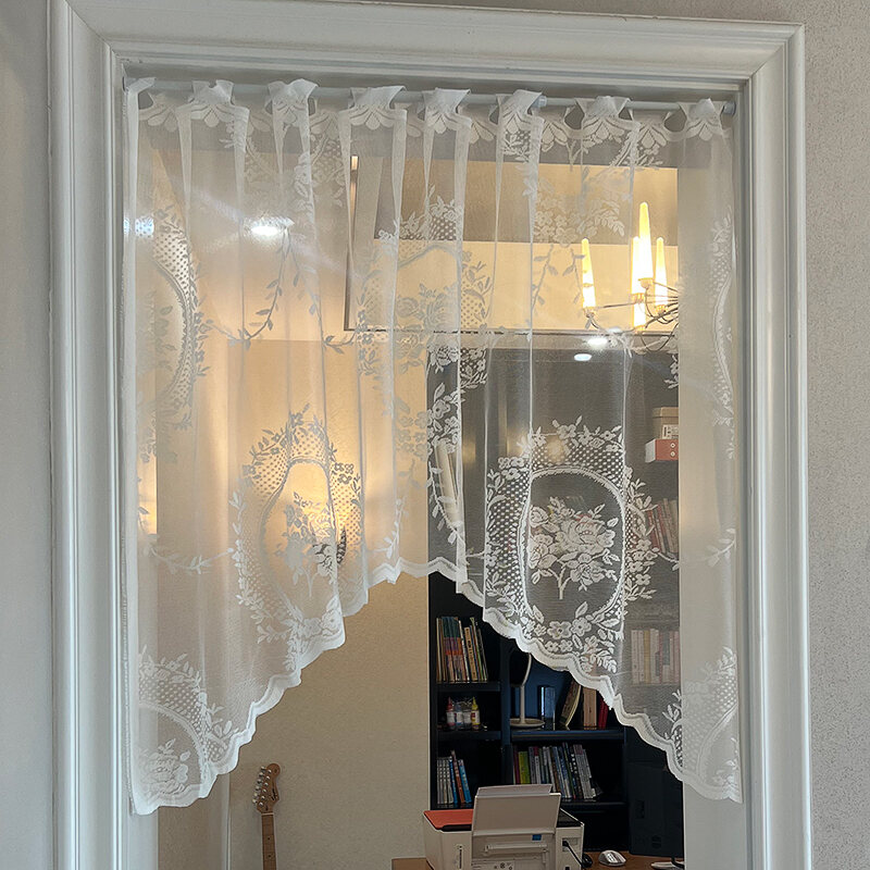 French Butterfly Lace Window Curtain Country Style Half Curtain Kitchen Bedroom Door Arc Curtain Home Decorative Fabric App