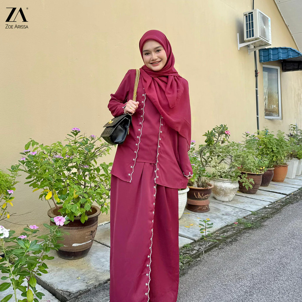 ZOE ARISAH ABYANA Kebaya Kurung Raya Sulam Moden Baju Kurung Plain Set Wanita Muslimah Classic One Viral 2025
