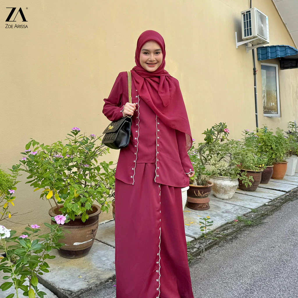 ZOE ARISAH ABYANA Kebaya Kurung Raya Sulam Moden Baju Kurung Plain Set Wanita Muslimah Classic One Viral 2025